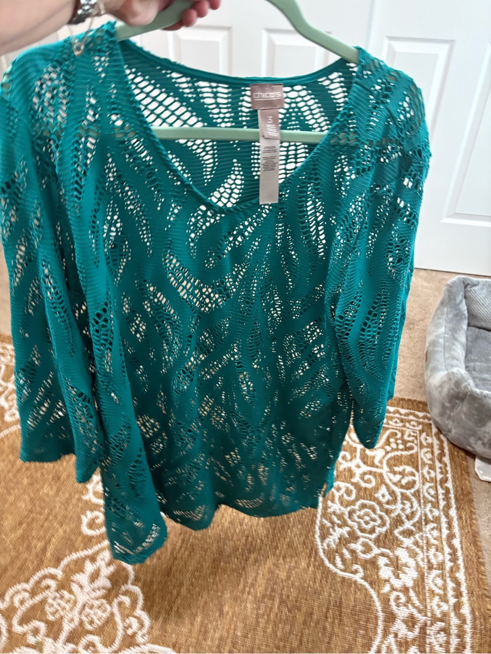 Chico's plus womens teal crochet lace overlay top w/ 3/4 sleeves size 3- XL